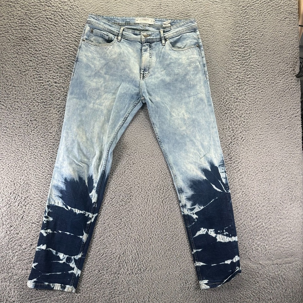 Akademiks Jeanius Jeans Mens 34x32 Blue Dip-Dye Cotton Denim Straight Stretch